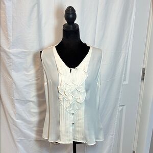 White House Black Market Silk Ivory Ruffle Front Sleeveless Blouse